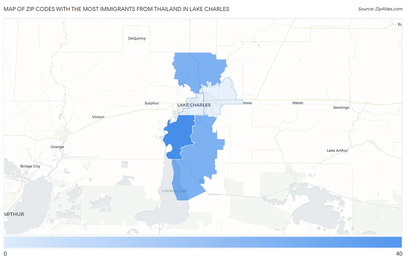 Zip Codes with the Most Immigrants from Thailand in Lake Charles Map