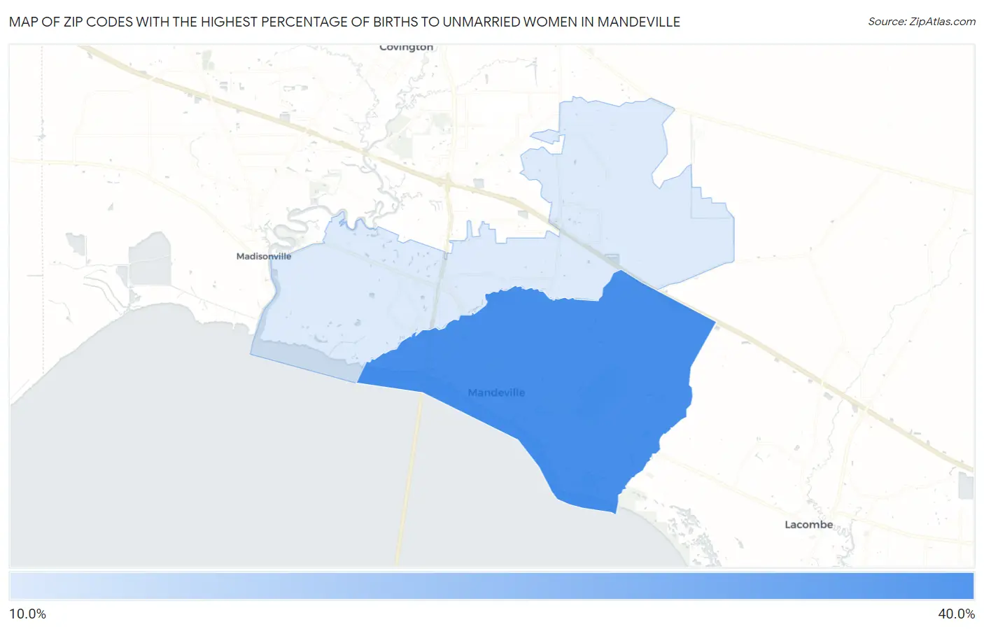 Zip Codes with the Highest Percentage of Births to Unmarried Women in Mandeville Map