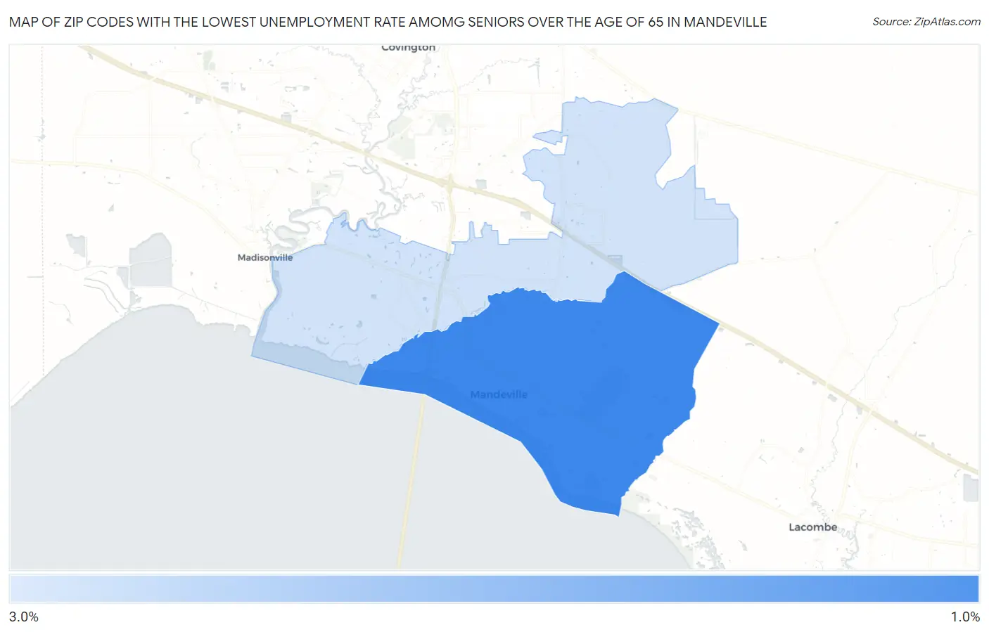 Zip Codes with the Lowest Unemployment Rate Amomg Seniors Over the Age of 65 in Mandeville Map