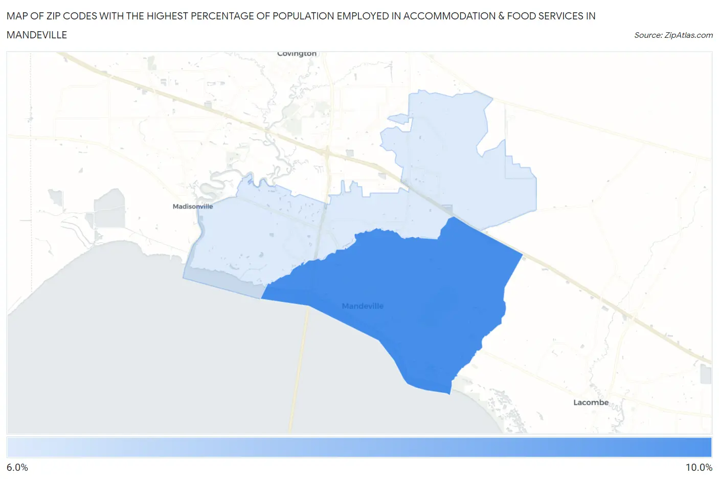 Zip Codes with the Highest Percentage of Population Employed in Accommodation & Food Services in Mandeville Map