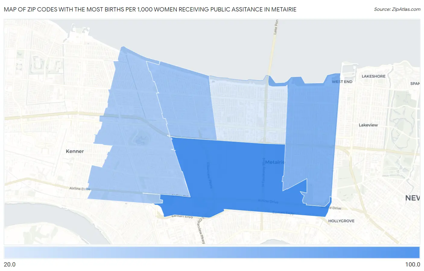 Zip Codes with the Most Births per 1,000 Women Receiving Public Assitance in Metairie Map