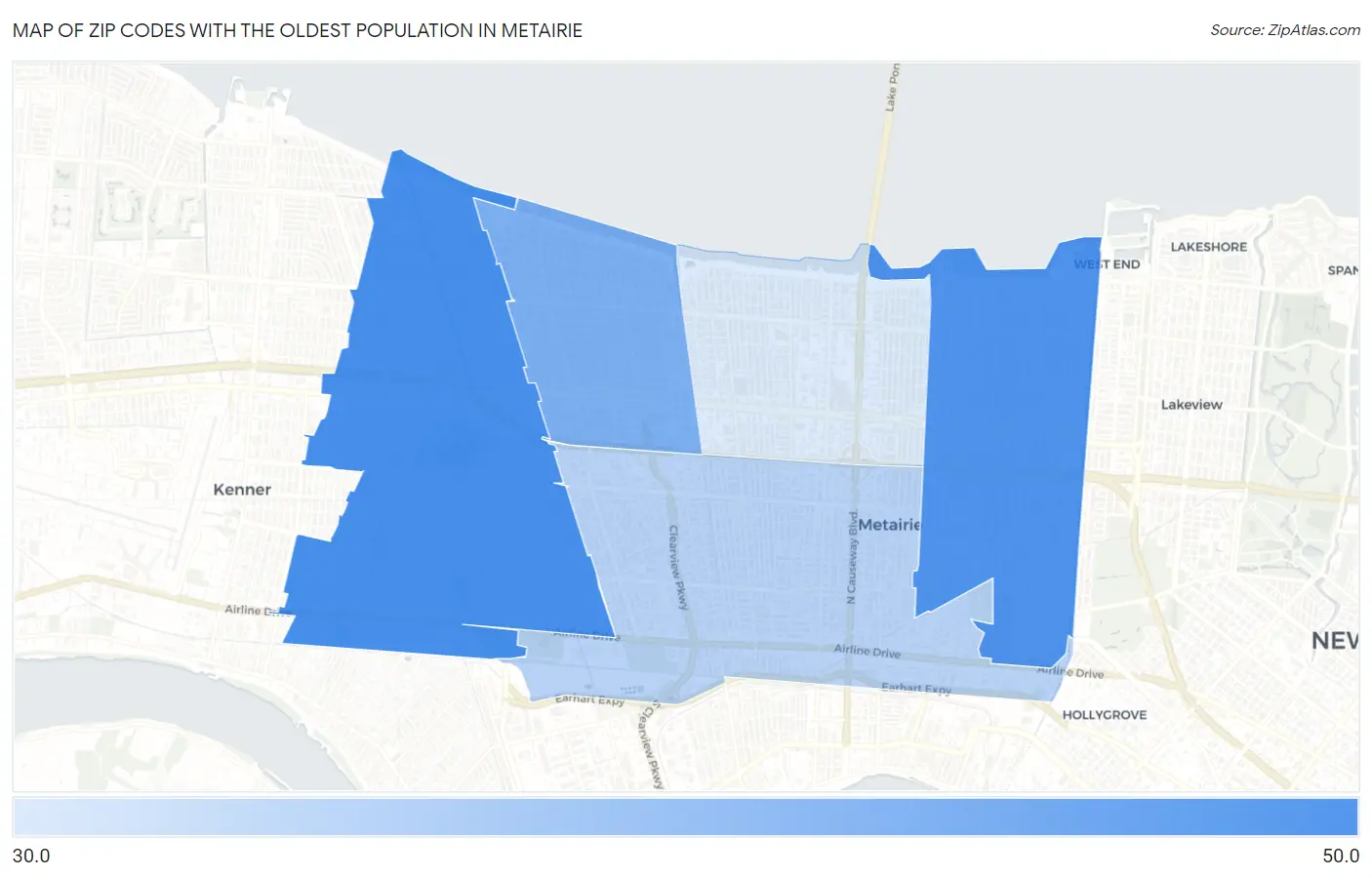 Zip Codes with the Oldest Population in Metairie Map