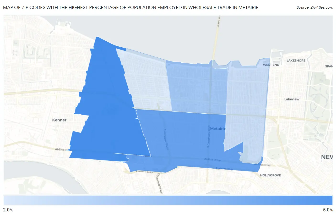 Zip Codes with the Highest Percentage of Population Employed in Wholesale Trade in Metairie Map