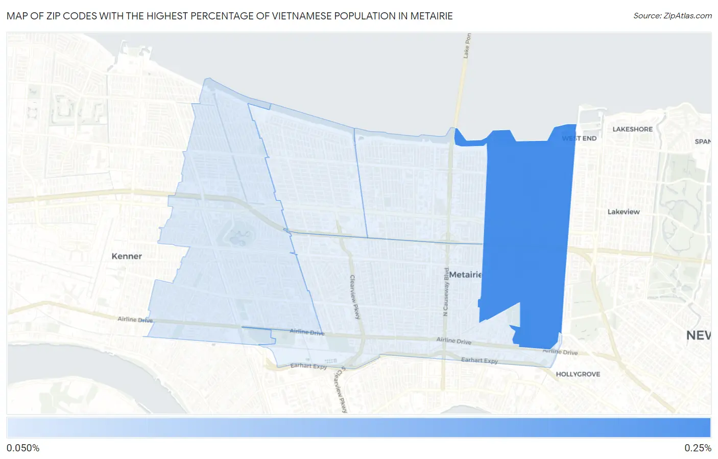Zip Codes with the Highest Percentage of Vietnamese Population in Metairie Map