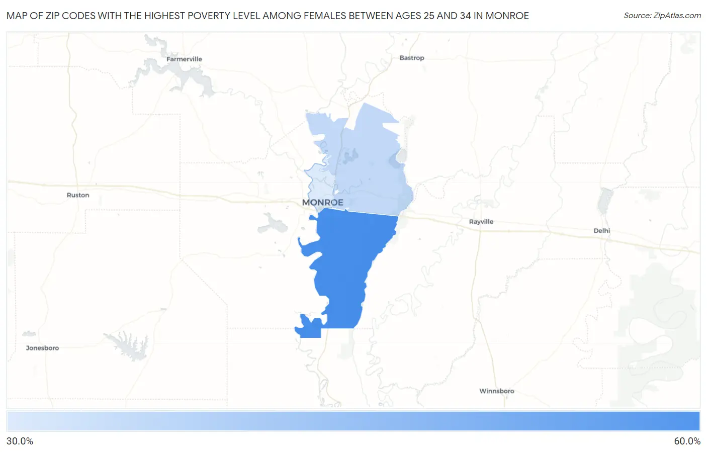 Zip Codes with the Highest Poverty Level Among Females Between Ages 25 and 34 in Monroe Map
