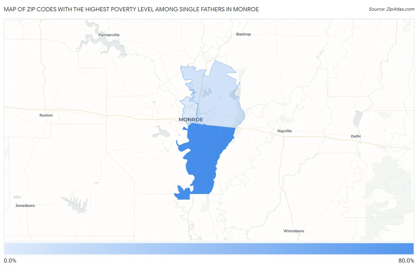 Zip Codes with the Highest Poverty Level Among Single Fathers in Monroe Map