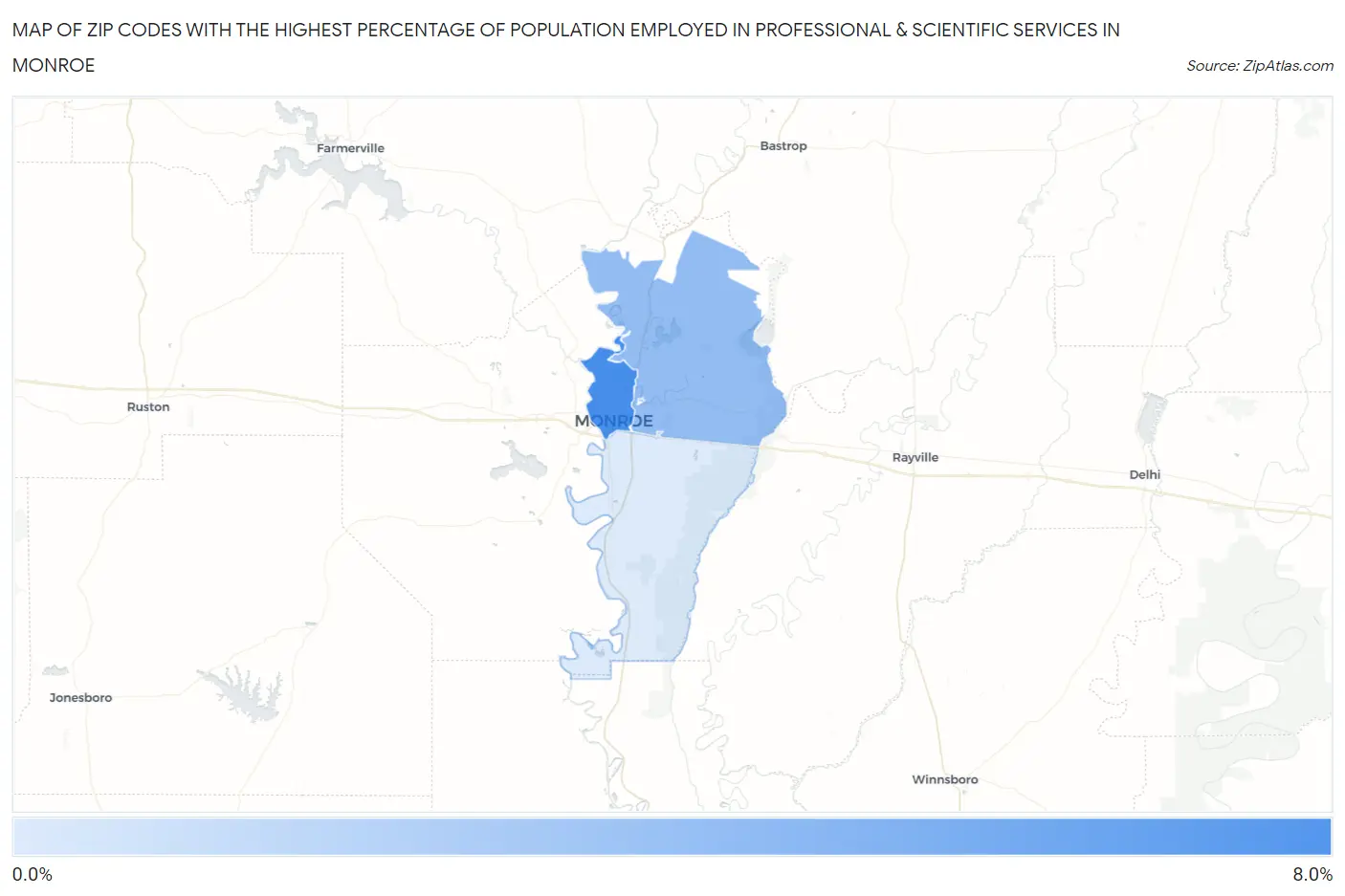 Zip Codes with the Highest Percentage of Population Employed in Professional & Scientific Services in Monroe Map