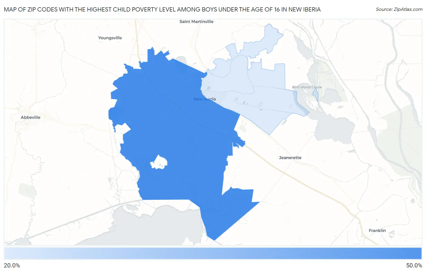 Zip Codes with the Highest Child Poverty Level Among Boys Under the Age of 16 in New Iberia Map