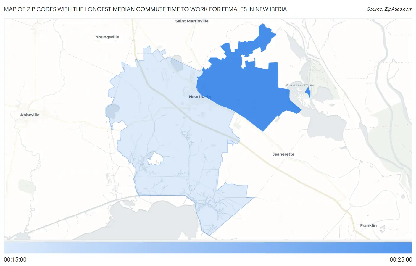 Zip Codes with the Longest Median Commute Time to Work for Females in New Iberia Map