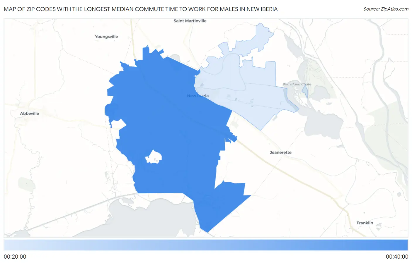 Zip Codes with the Longest Median Commute Time to Work for Males in New Iberia Map
