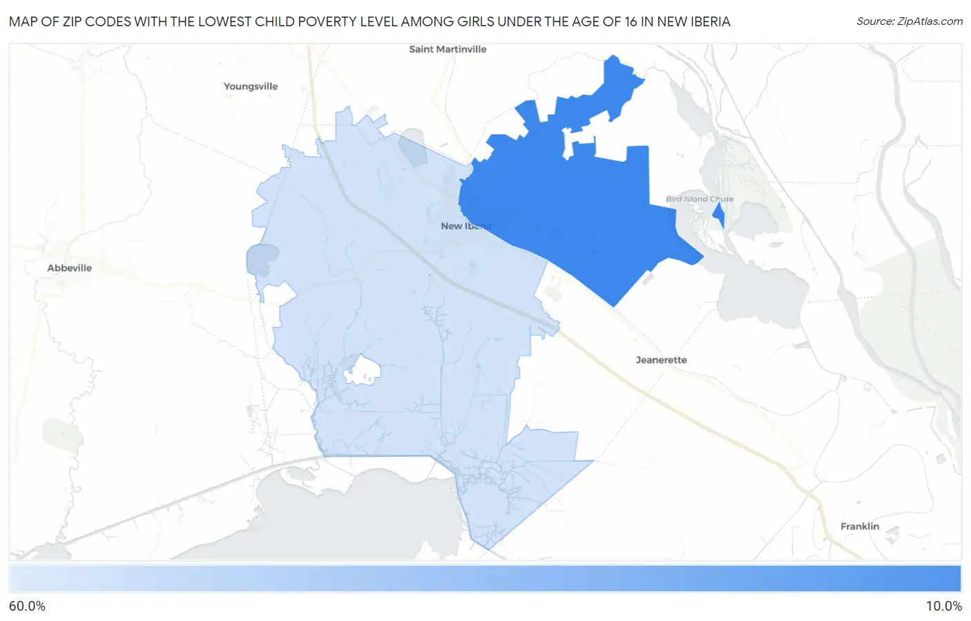 Zip Codes with the Lowest Child Poverty Level Among Girls Under the Age of 16 in New Iberia Map