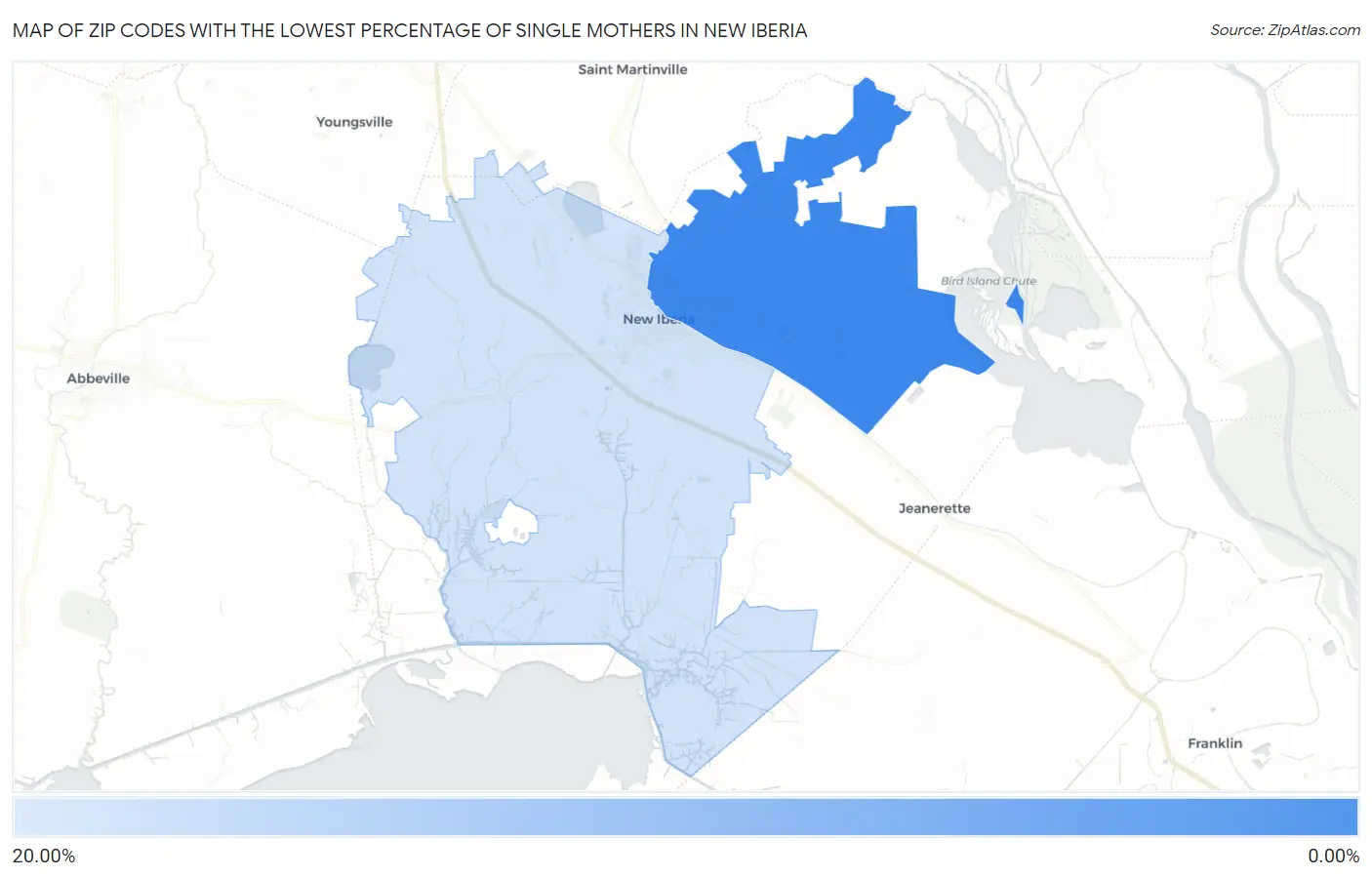 Zip Codes with the Lowest Percentage of Single Mothers in New Iberia Map