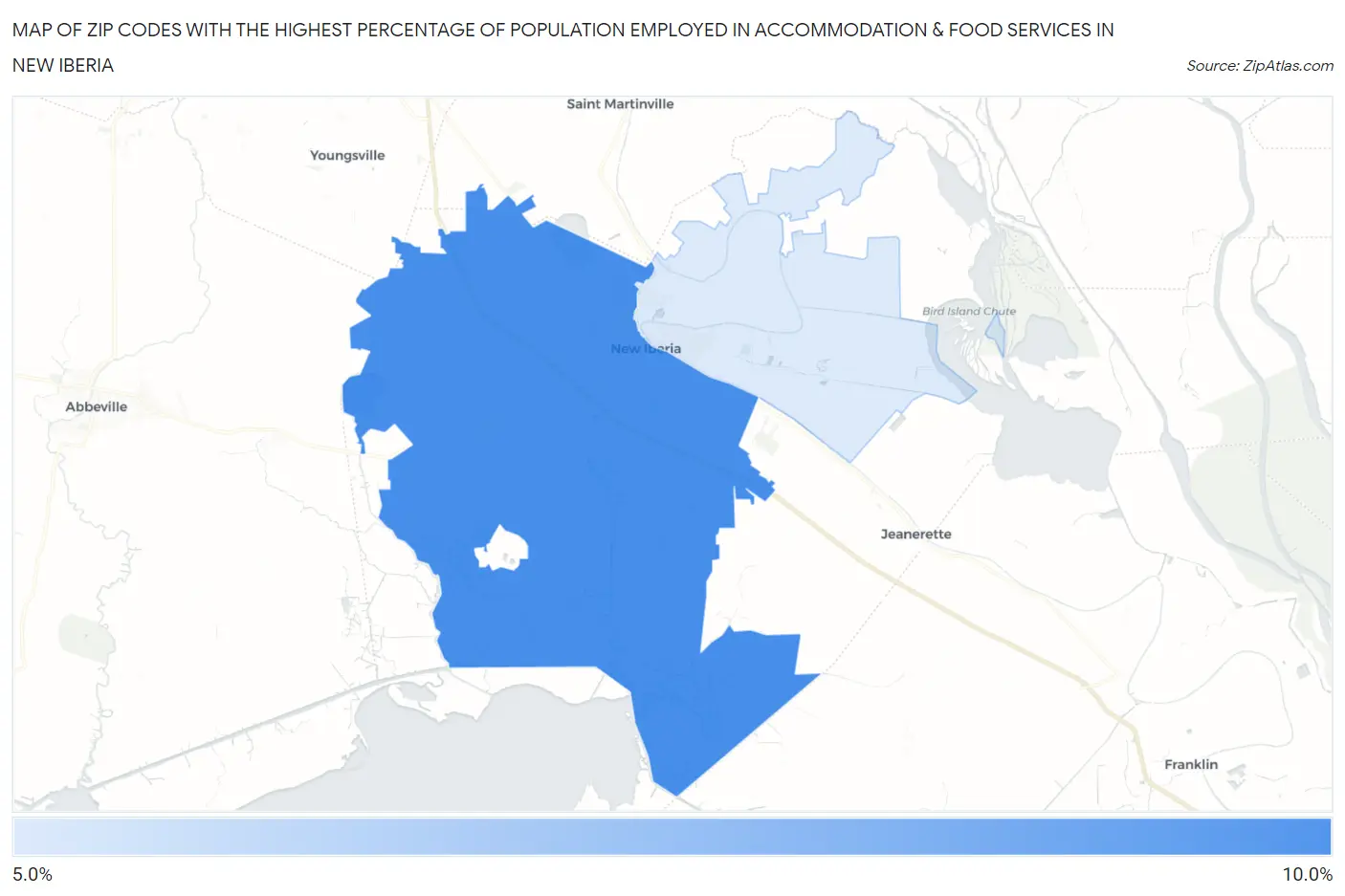 Zip Codes with the Highest Percentage of Population Employed in Accommodation & Food Services in New Iberia Map