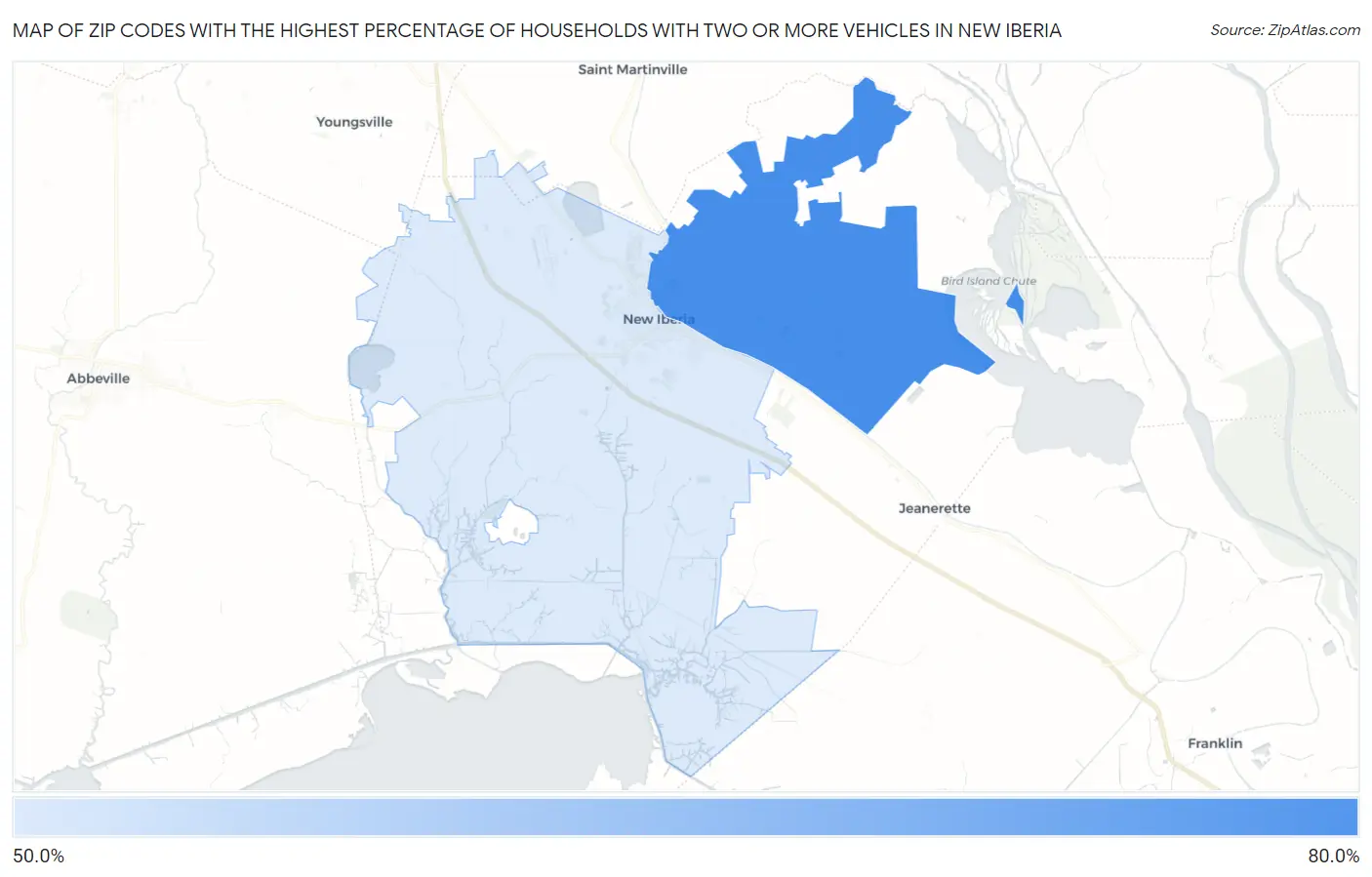 Zip Codes with the Highest Percentage of Households With Two or more Vehicles in New Iberia Map