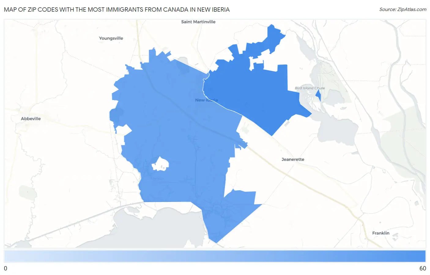 Zip Codes with the Most Immigrants from Canada in New Iberia Map