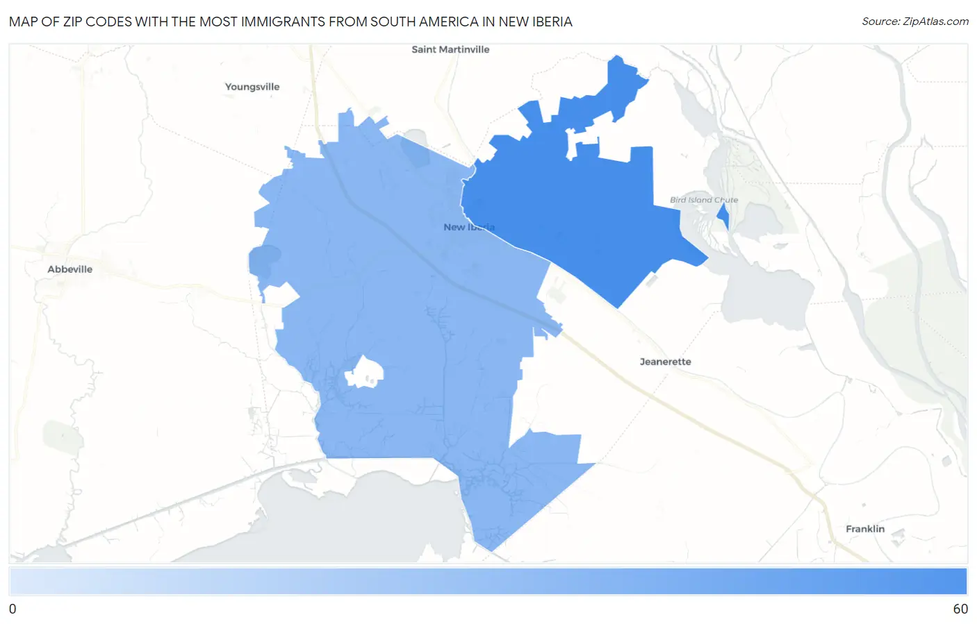 Zip Codes with the Most Immigrants from South America in New Iberia Map