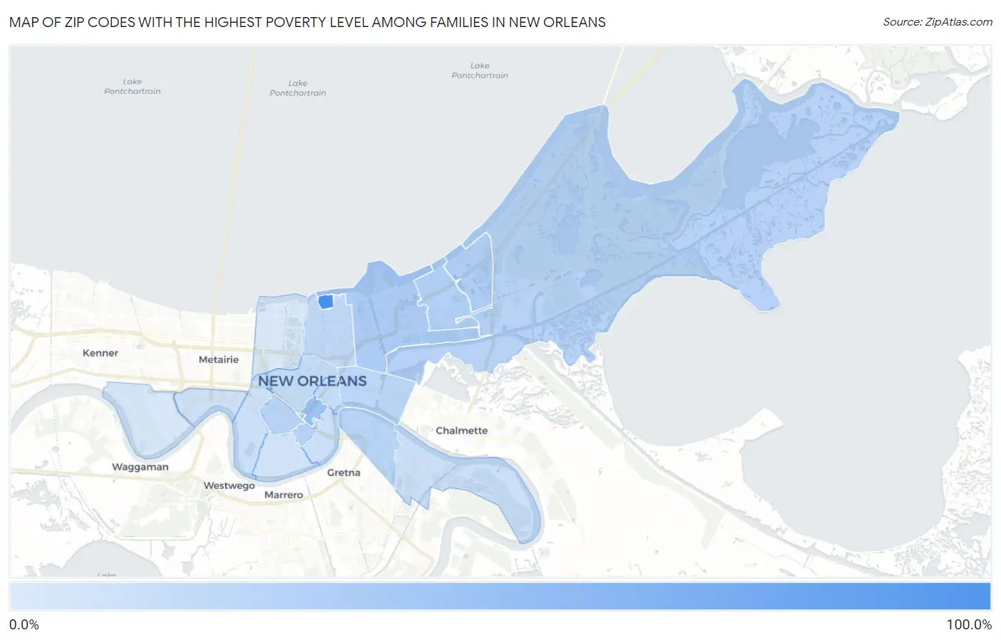 Zip Codes with the Highest Poverty Level Among Families in New Orleans Map