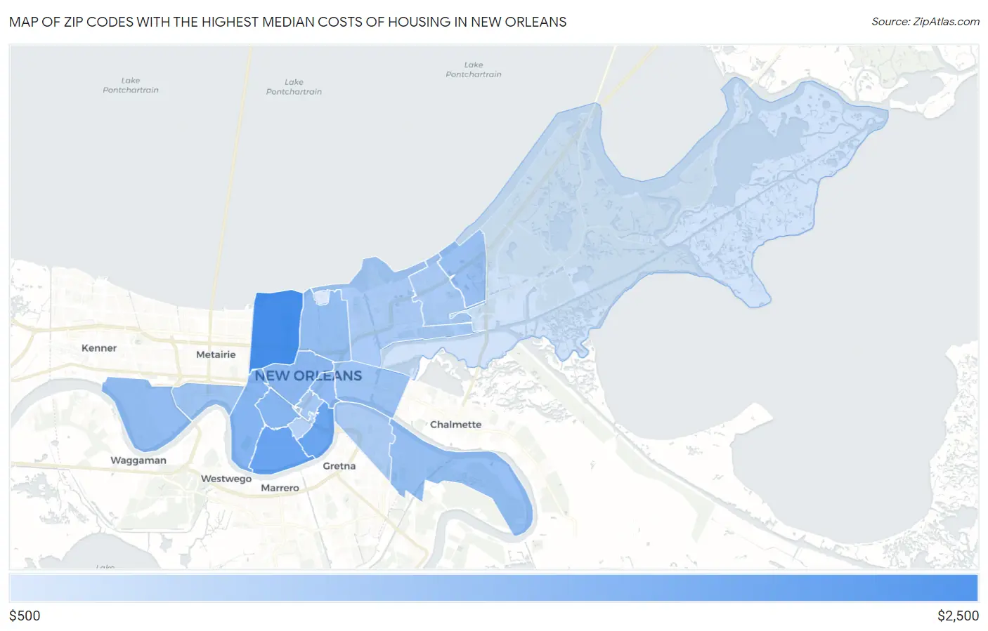 Zip Codes with the Highest Median Costs of Housing in New Orleans Map