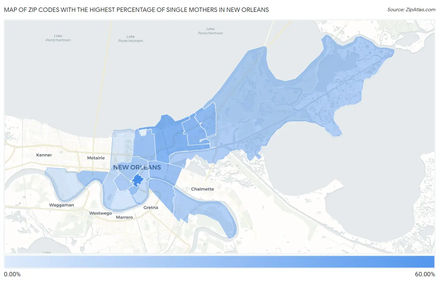 Zip Codes with the Highest Percentage of Single Mothers in New Orleans Map