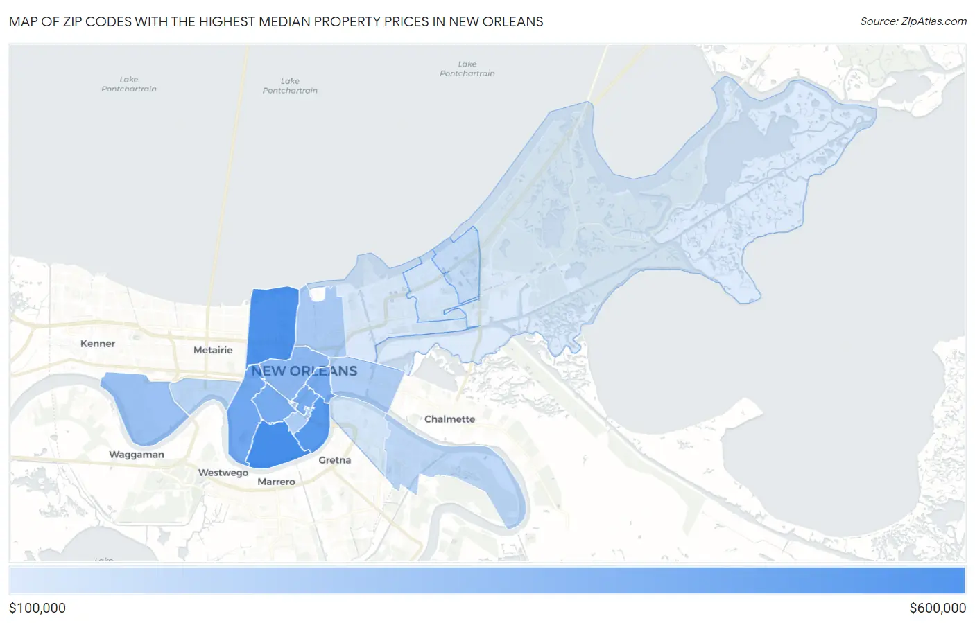 Zip Codes with the Highest Median Property Prices in New Orleans Map