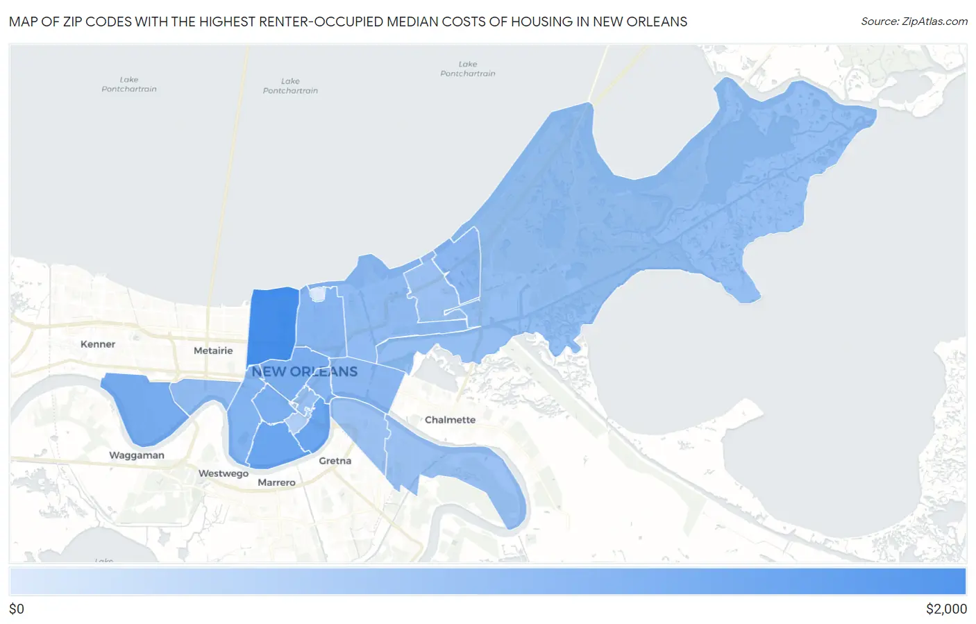 Zip Codes with the Highest Renter-Occupied Median Costs of Housing in New Orleans Map
