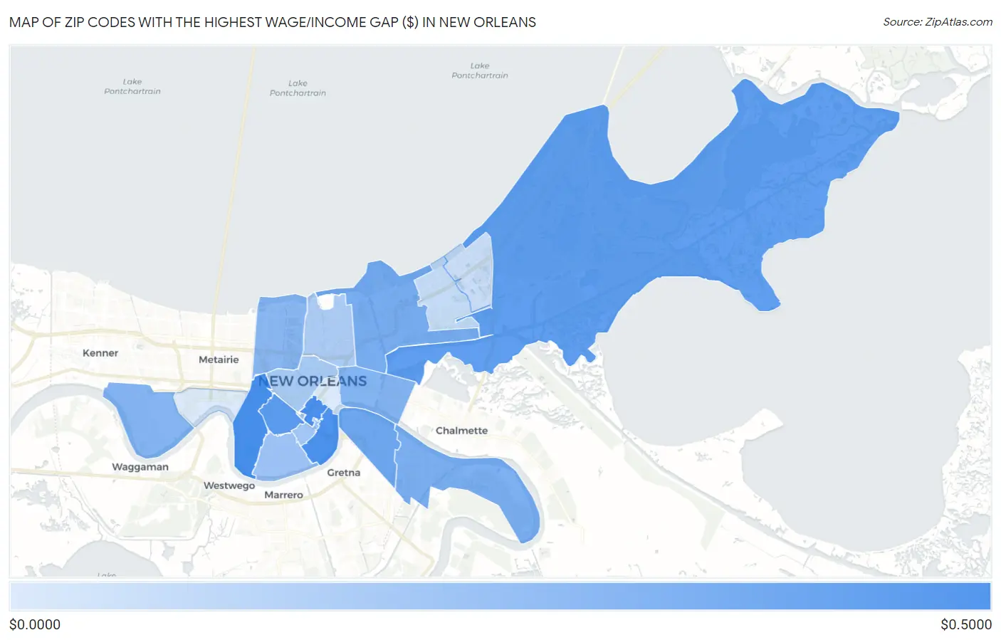 Zip Codes with the Highest Wage/Income Gap ($) in New Orleans Map