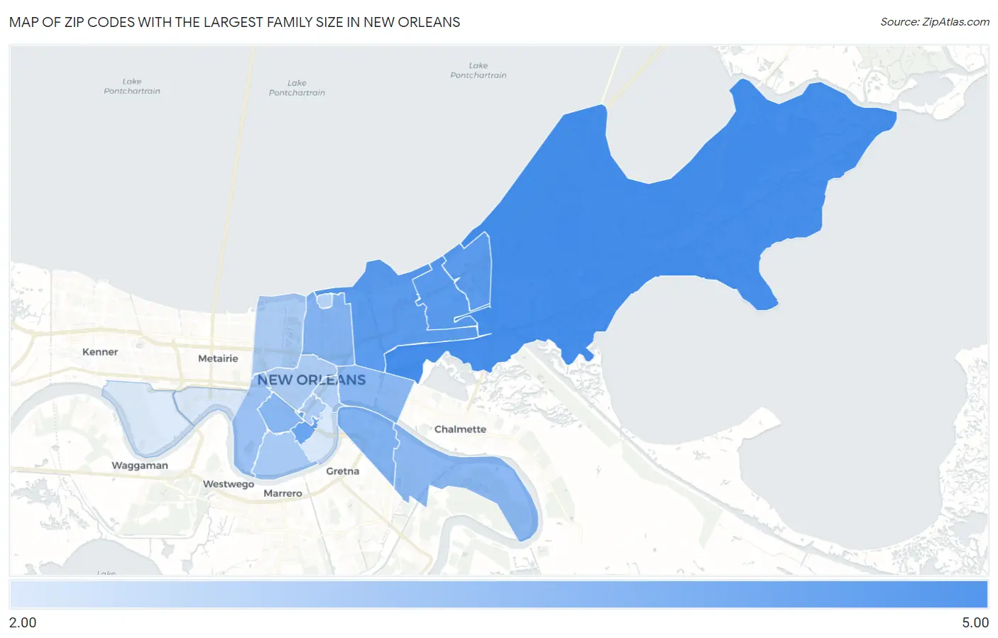 Zip Codes with the Largest Family Size in New Orleans Map