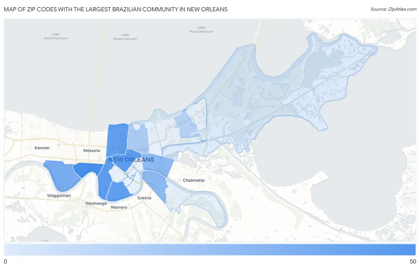 Zip Codes with the Largest Brazilian Community in New Orleans Map