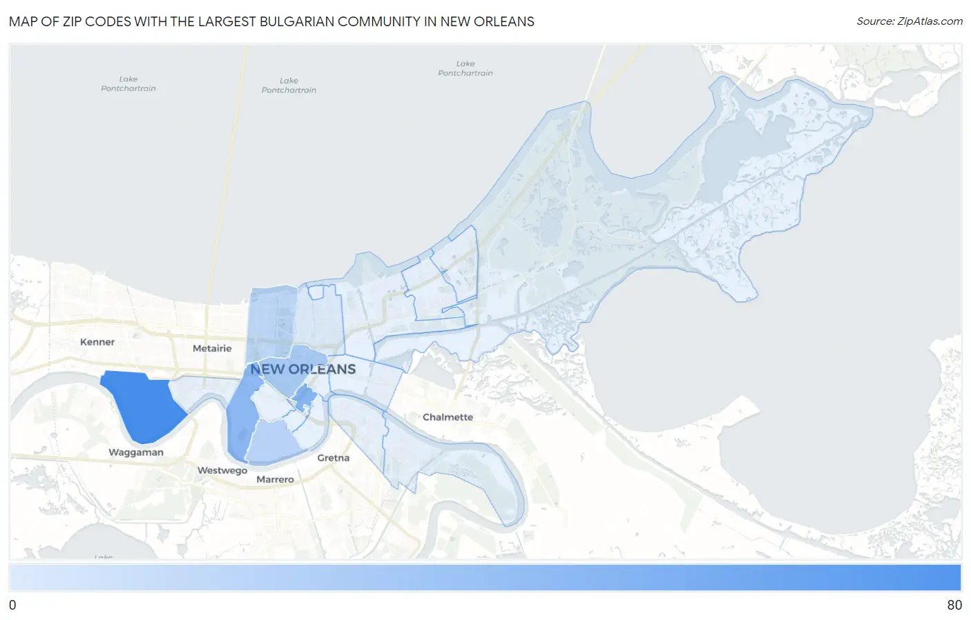 Zip Codes with the Largest Bulgarian Community in New Orleans Map
