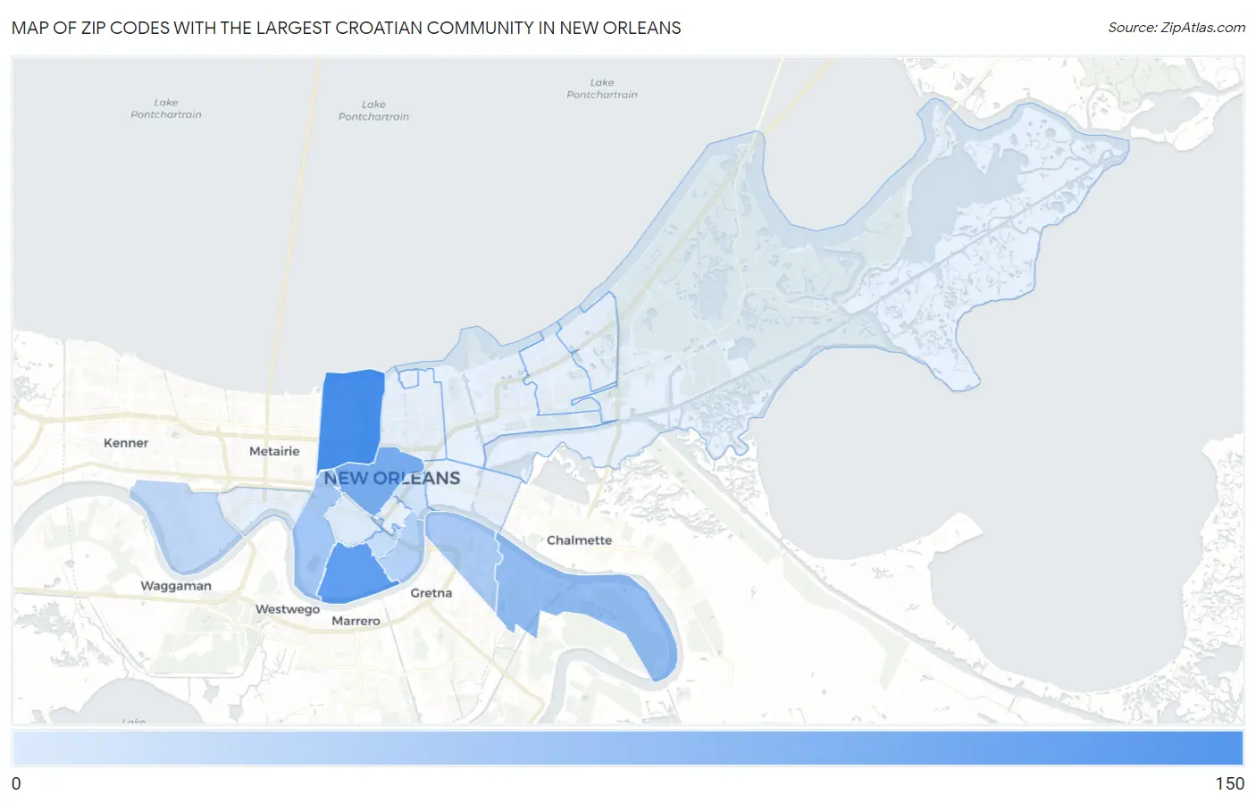 Zip Codes with the Largest Croatian Community in New Orleans Map