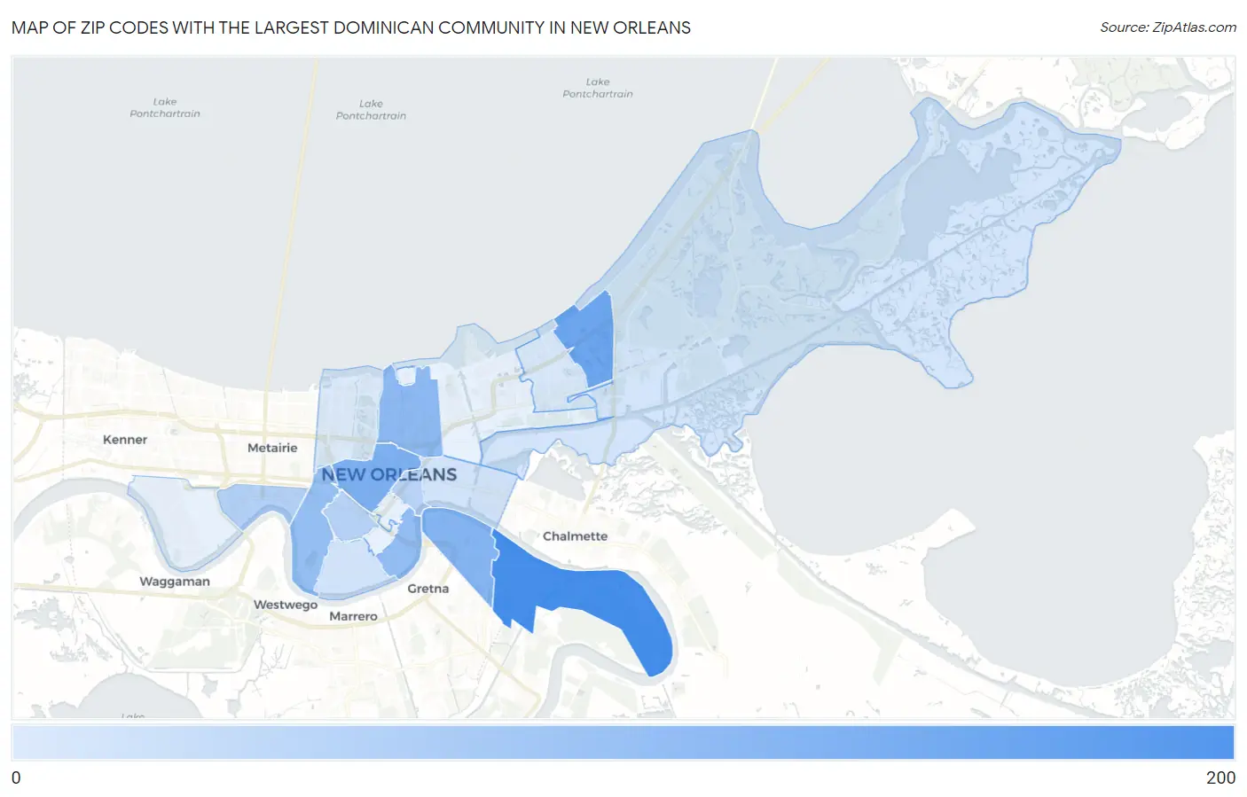 Zip Codes with the Largest Dominican Community in New Orleans Map
