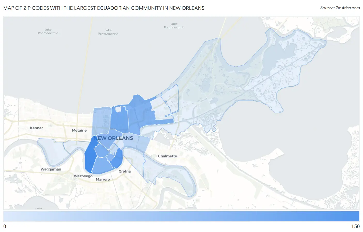 Zip Codes with the Largest Ecuadorian Community in New Orleans Map