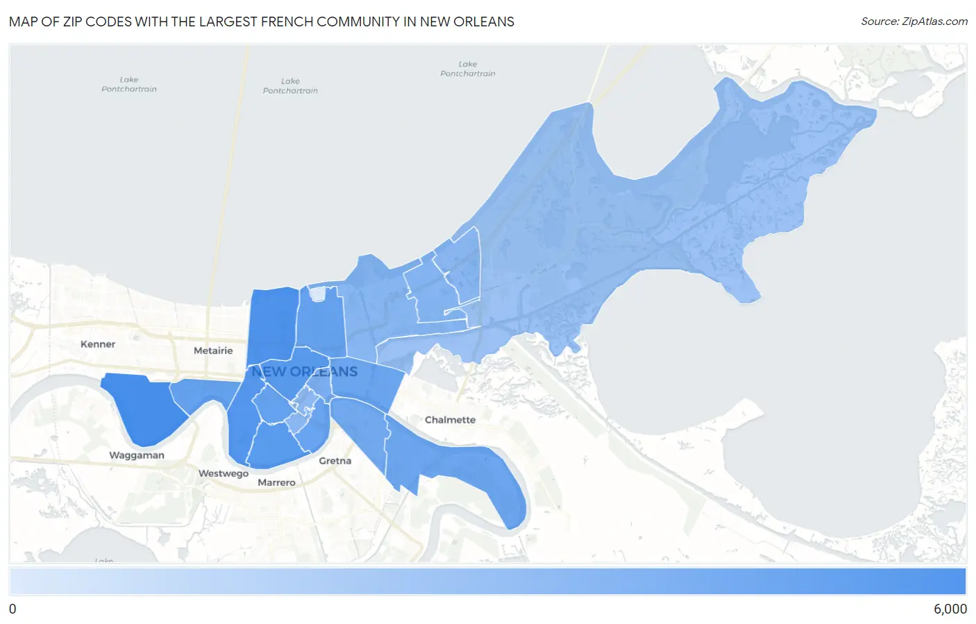 Zip Codes with the Largest French Community in New Orleans Map