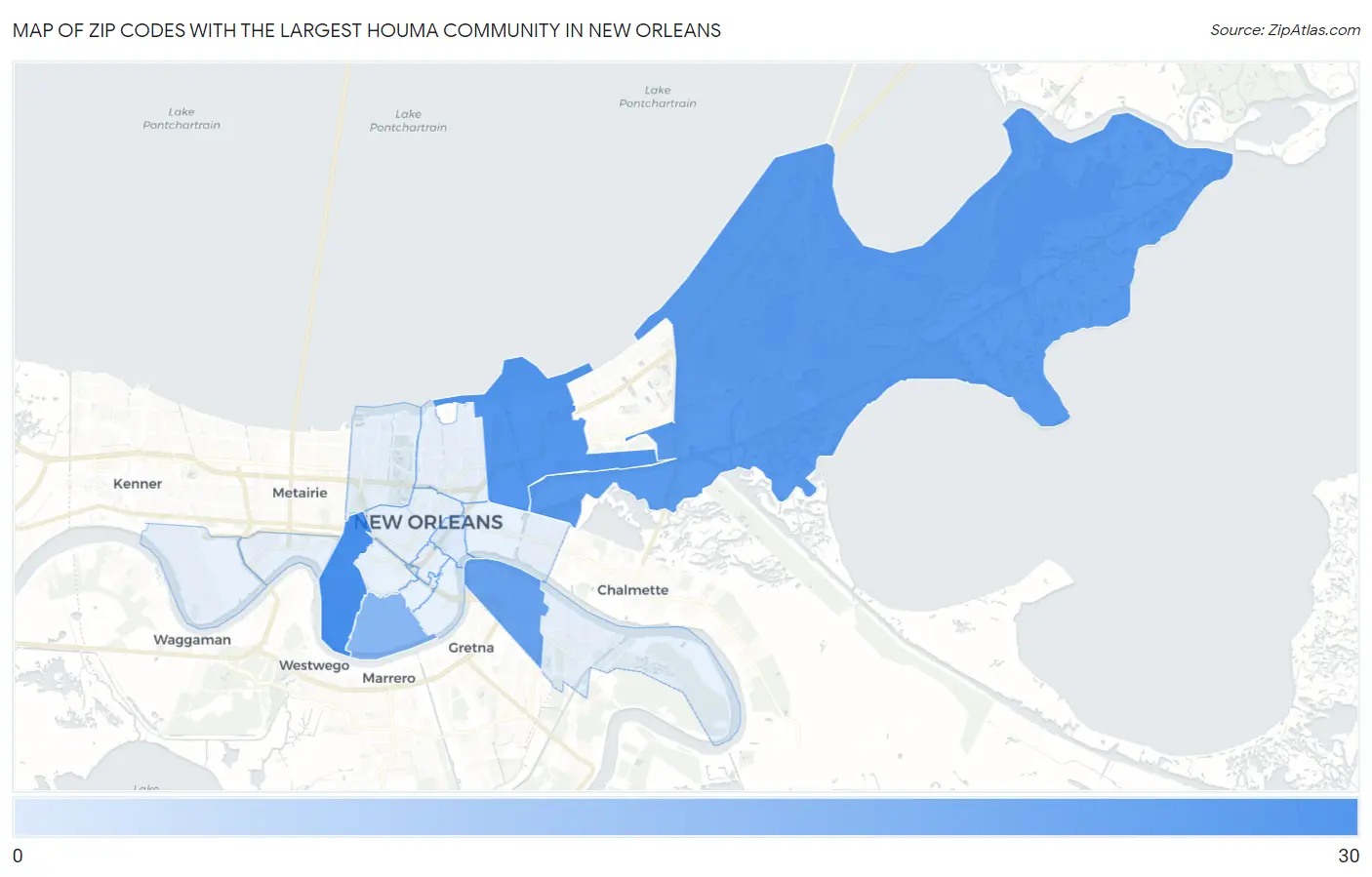 Zip Codes with the Largest Houma Community in New Orleans Map
