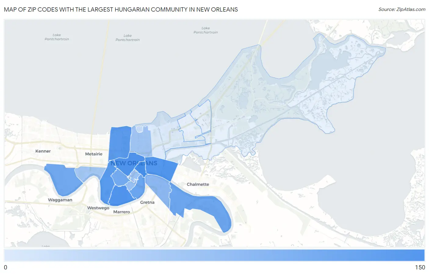 Zip Codes with the Largest Hungarian Community in New Orleans Map