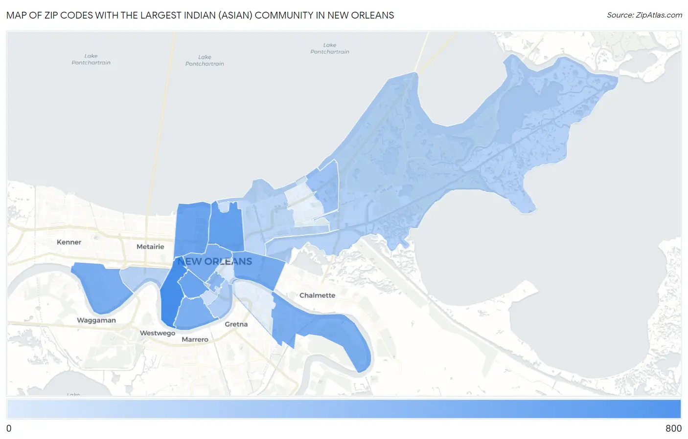 Zip Codes with the Largest Indian (Asian) Community in New Orleans Map