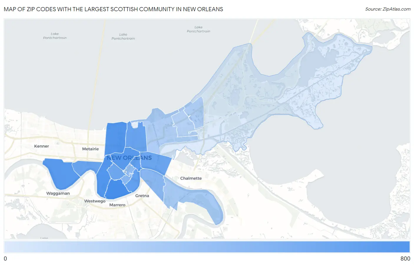 Zip Codes with the Largest Scottish Community in New Orleans Map