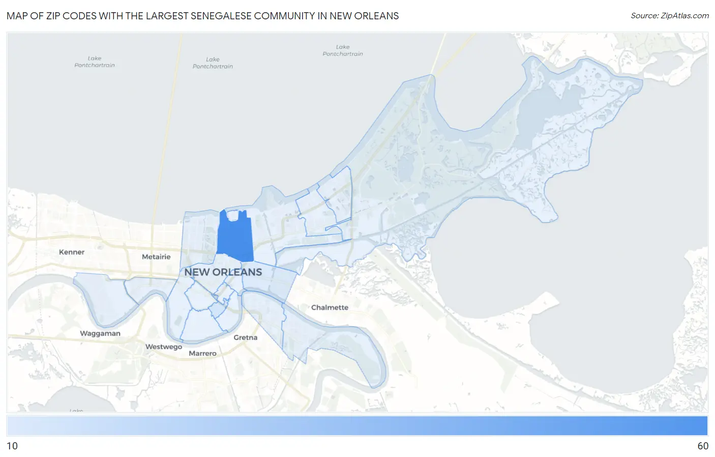 Zip Codes with the Largest Senegalese Community in New Orleans Map