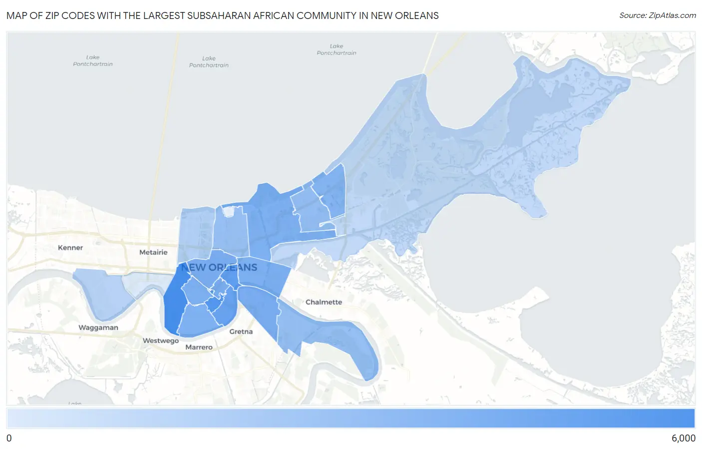 Zip Codes with the Largest Subsaharan African Community in New Orleans Map