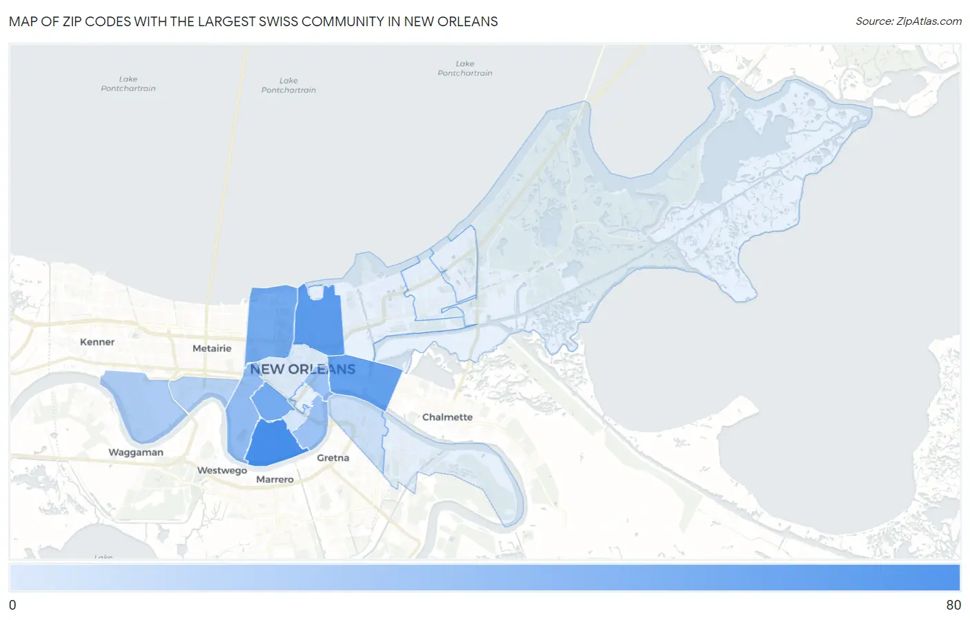Zip Codes with the Largest Swiss Community in New Orleans Map
