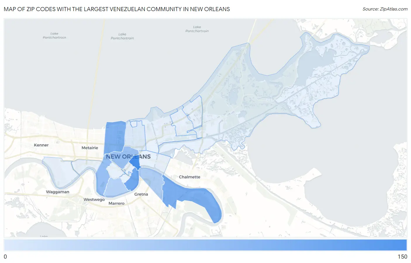 Zip Codes with the Largest Venezuelan Community in New Orleans Map