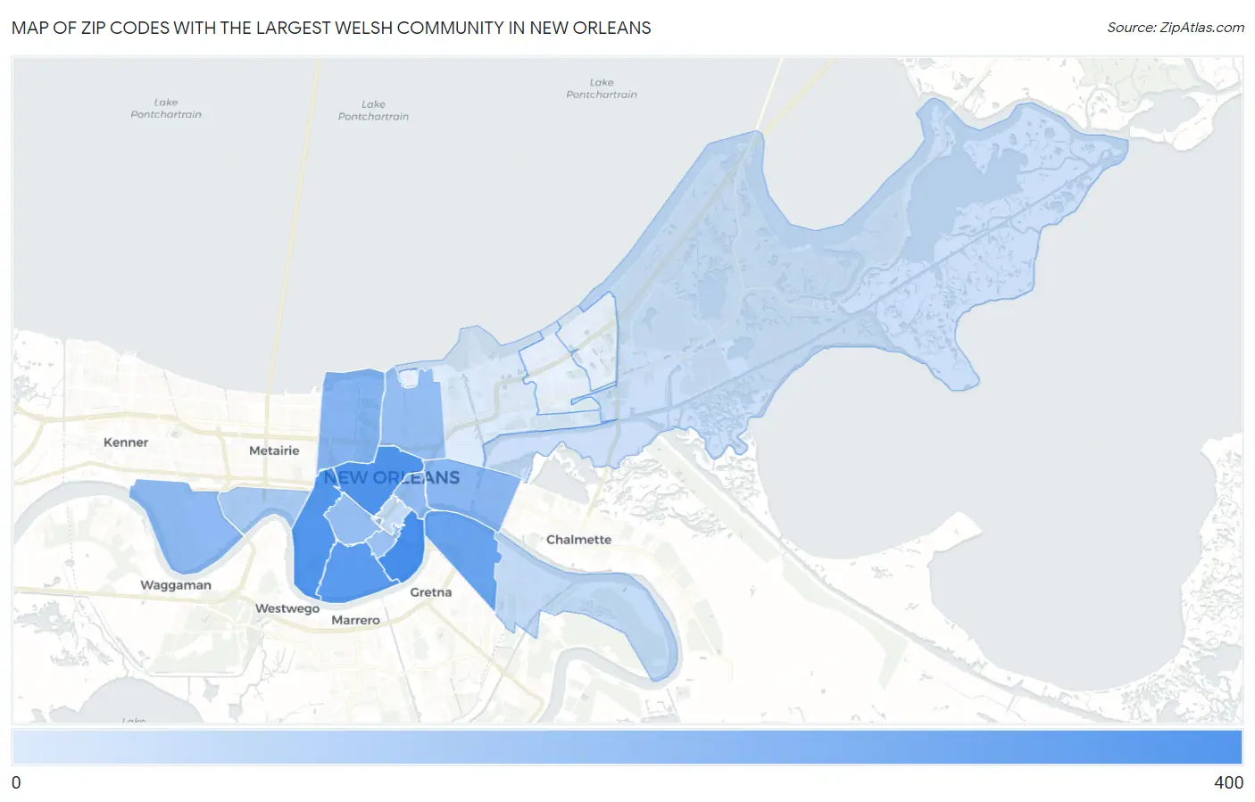 Zip Codes with the Largest Welsh Community in New Orleans Map