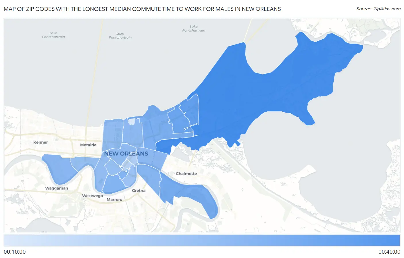 Zip Codes with the Longest Median Commute Time to Work for Males in New Orleans Map