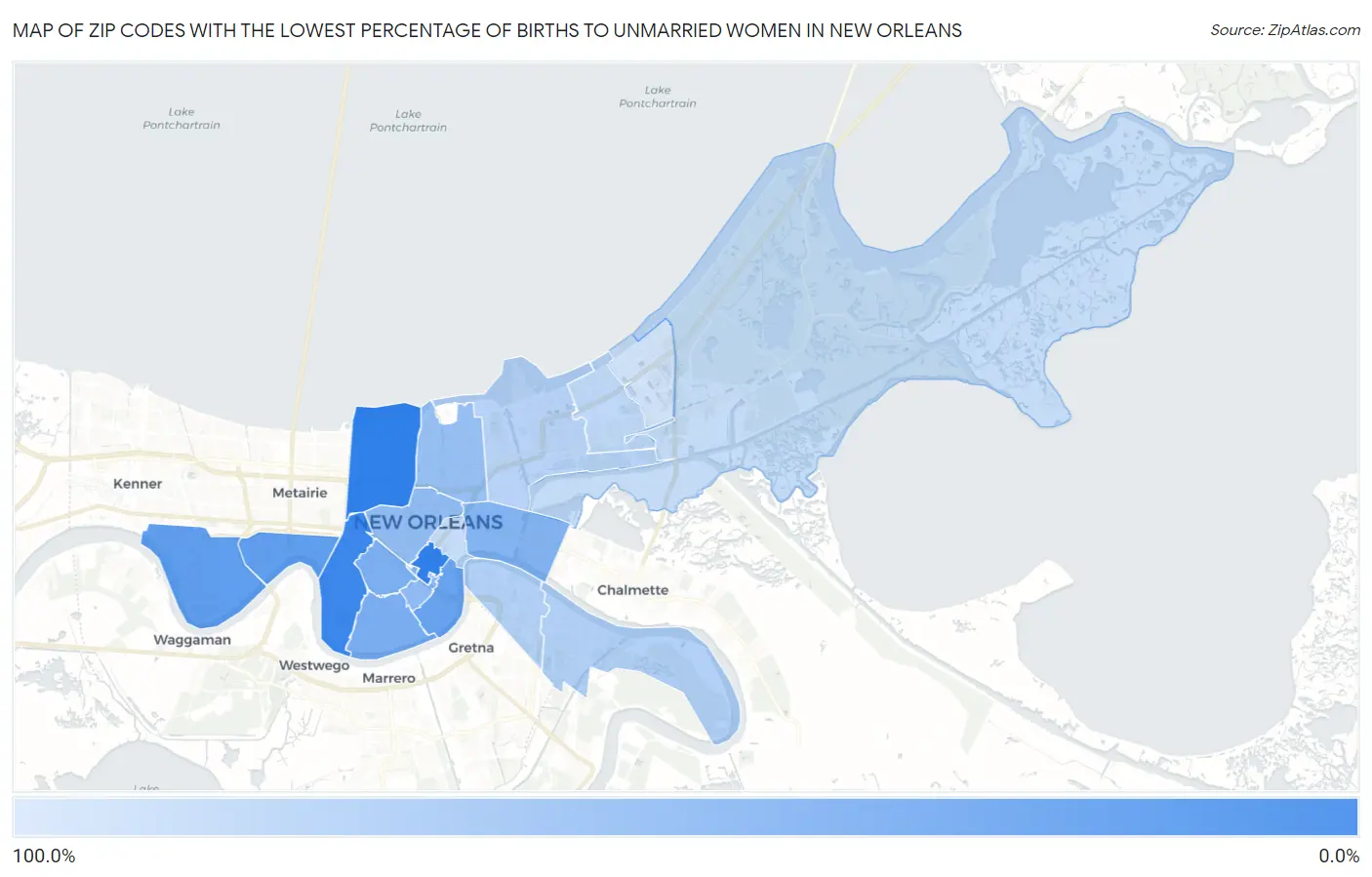 Zip Codes with the Lowest Percentage of Births to Unmarried Women in New Orleans Map