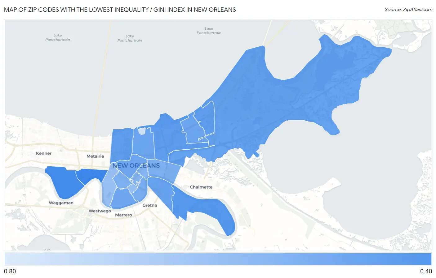 Zip Codes with the Lowest Inequality / Gini Index in New Orleans Map