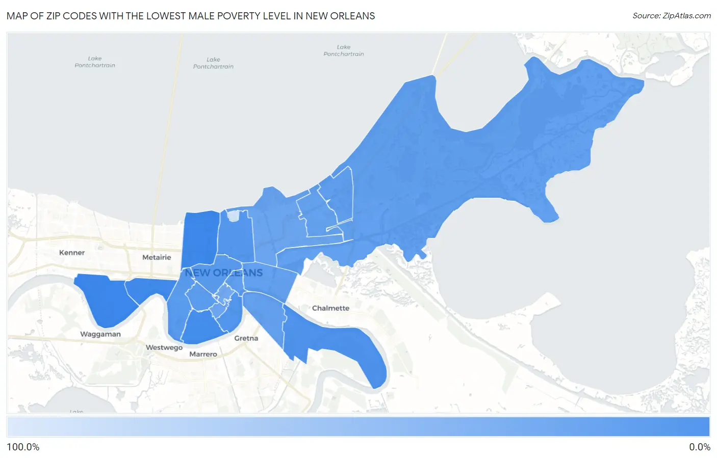 Zip Codes with the Lowest Male Poverty Level in New Orleans Map