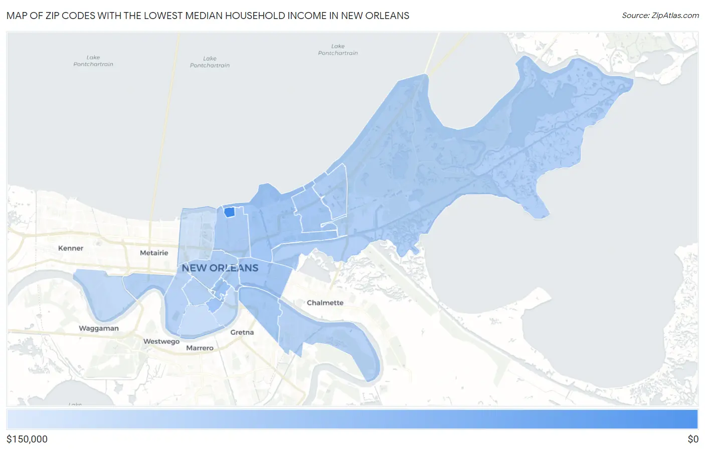 Zip Codes with the Lowest Median Household Income in New Orleans Map
