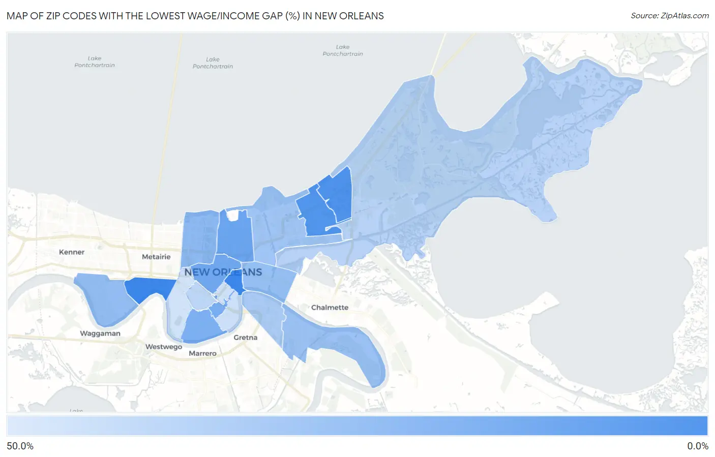 Zip Codes with the Lowest Wage/Income Gap (%) in New Orleans Map