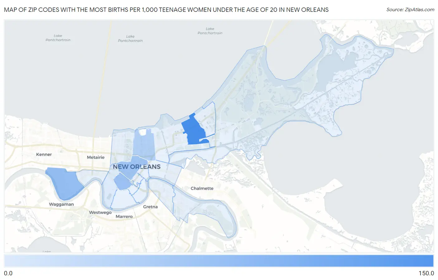 Zip Codes with the Most Births per 1,000 Teenage Women Under the Age of 20 in New Orleans Map