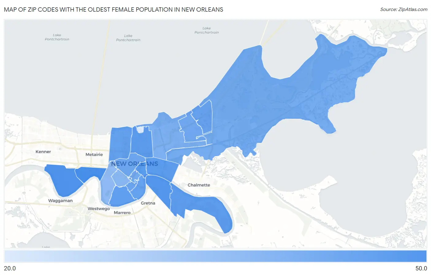 Zip Codes with the Oldest Female Population in New Orleans Map